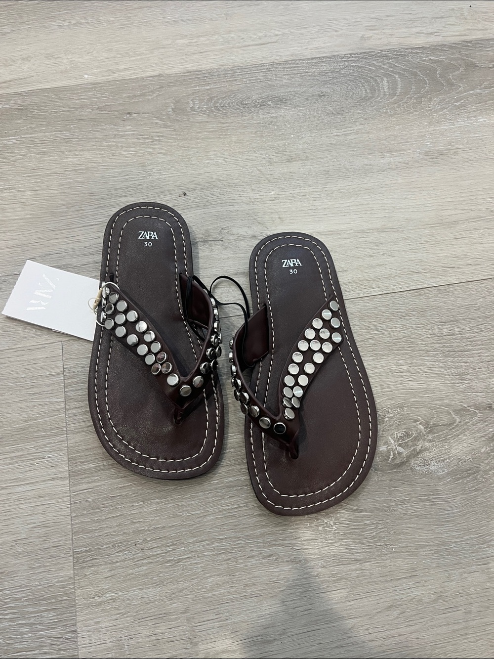 ZARA Dark Brown Studded Thong Sandals - kids